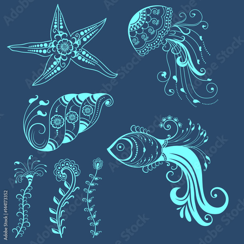 Vector abstract marine creatures in indian mehndi style. Abstract henna floral vector illustration. Design element.