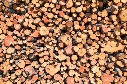 Background of dry chopped firewood logs stacked