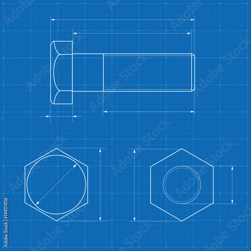 Metal bolt technical drawing on blueprint background