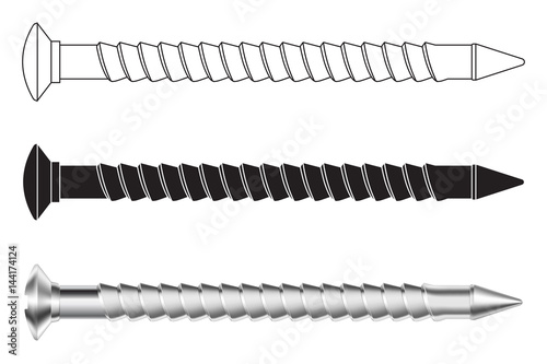 Long metal screw. Black and white icons and 3d illustration