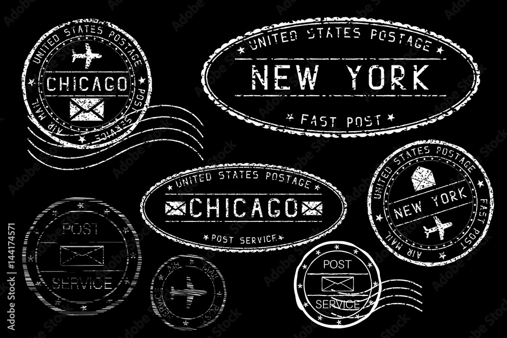 White postmarks on black background. Cities