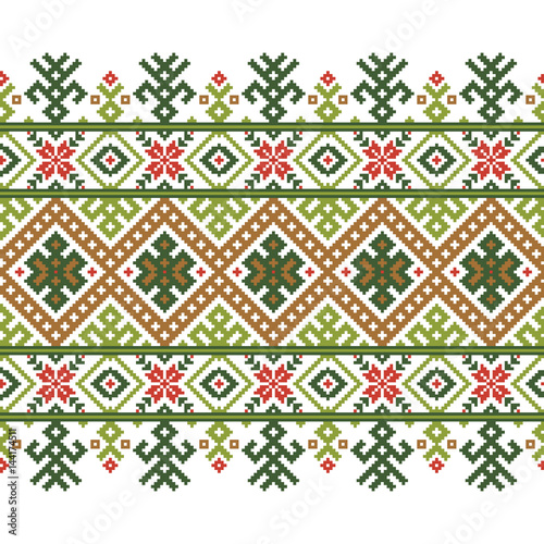 Vector illustration of Ukrainian folk seamless pattern ornament. Ethnic ornament. Border element. Traditional Ukrainian, Belarusian folk art knitted embroidery pattern - Vyshyvanka