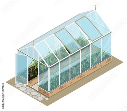 Isometric greenhouse with glass walls, foundations, gable roof, garden bed, white background. Vector horticultural conservatory for growing vegetable, flowers. Classic cultivate greenhouse gardening.