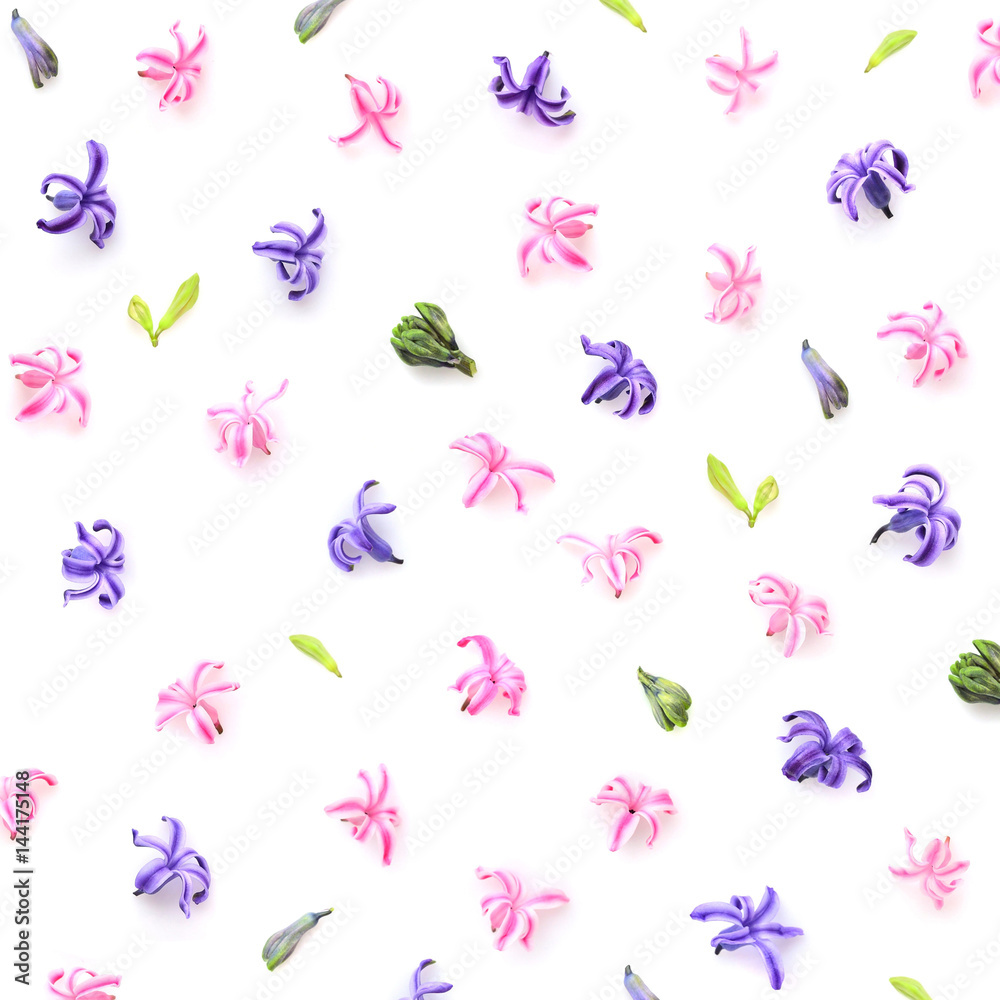 Floral pattern made of hyacinths flowers, bud on white background. Top view. Pattern of flowers. Floral pattern made of hyacinths flowers, bud on white background. Top view. Pattern of flowers.