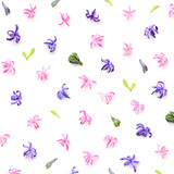 Floral pattern made of hyacinths flowers, bud on white background. Top view. Pattern of flowers.