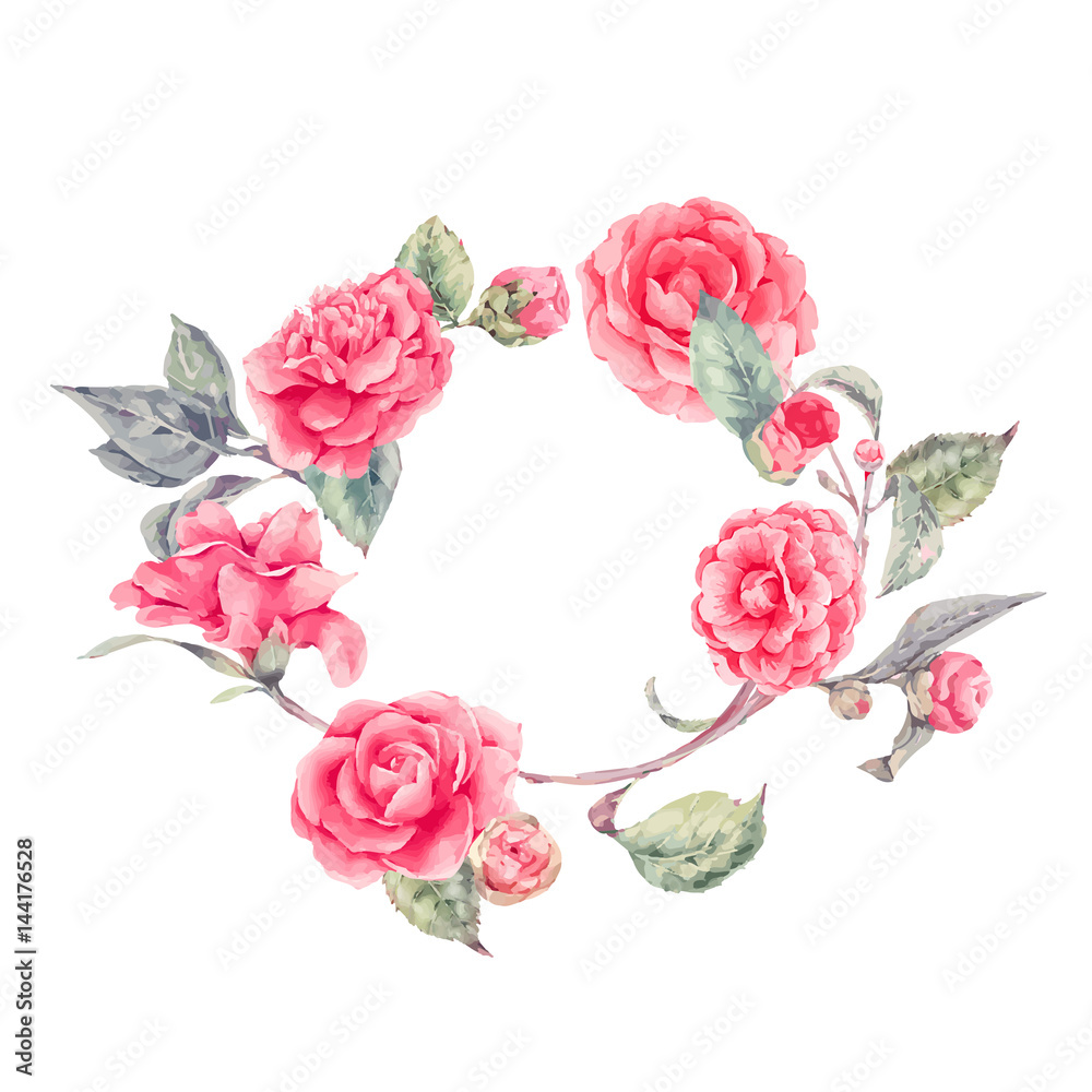 Vector lace wreath with camellia flowers