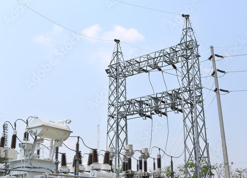 High voltage power transformer substation photo