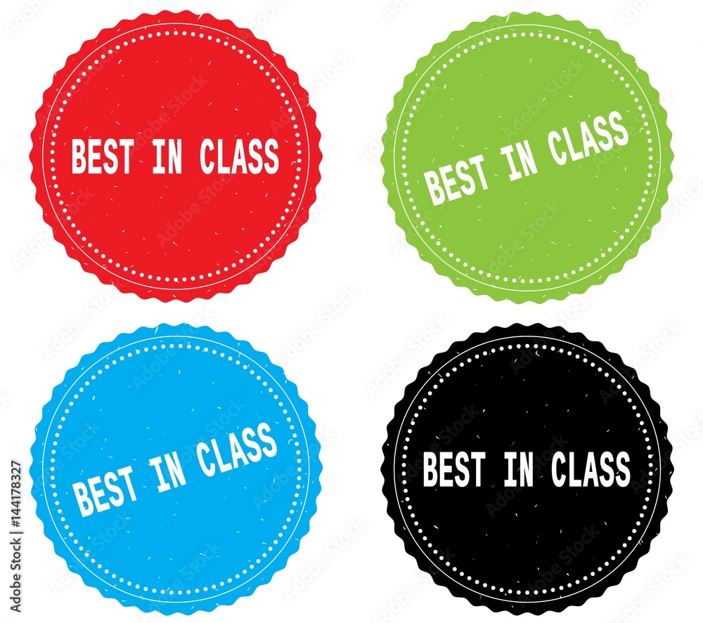 BEST IN CLASS text, on round wavy border stamp badge. BEST IN CLASS text, on round wavy border stamp badge.