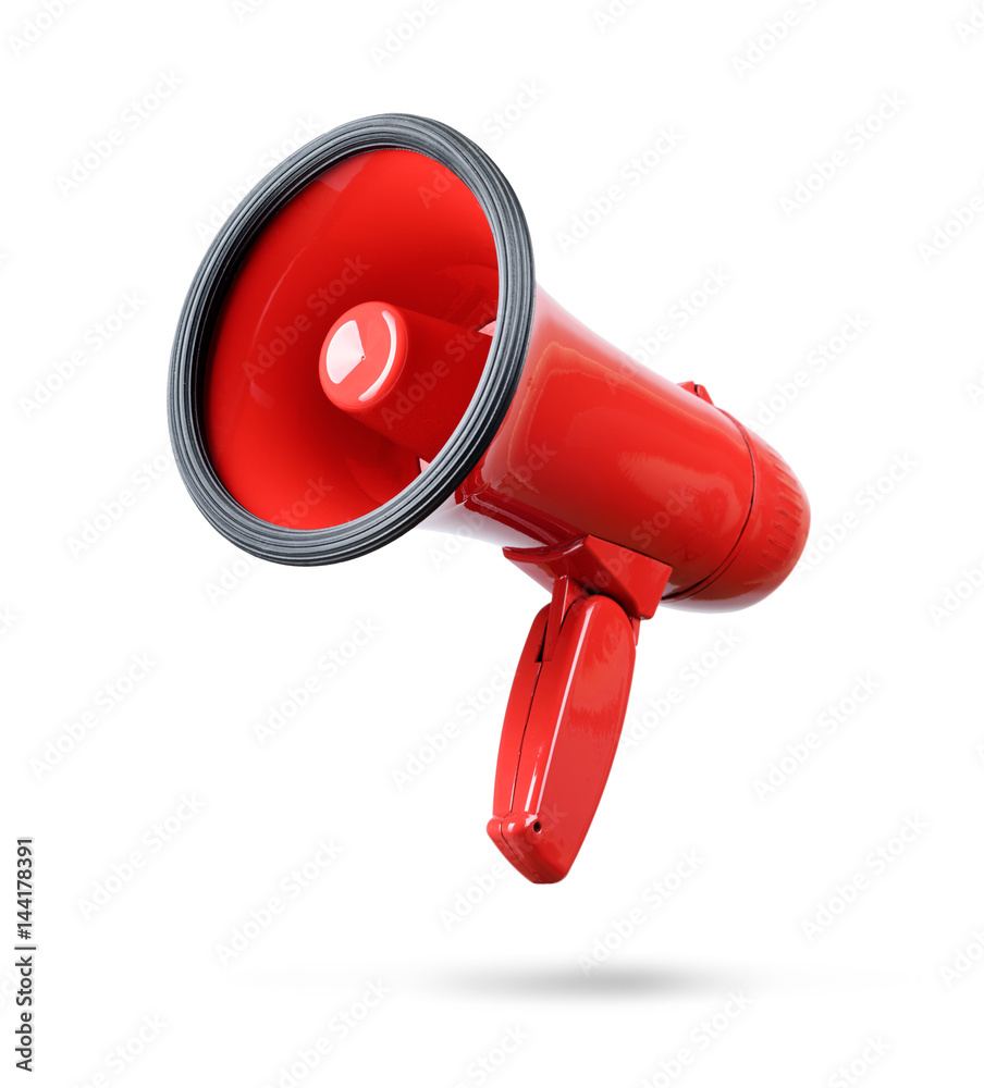 Red megaphone isolated on white background. File contains a path to isolation.  - obrazy, fototapety, plakaty 