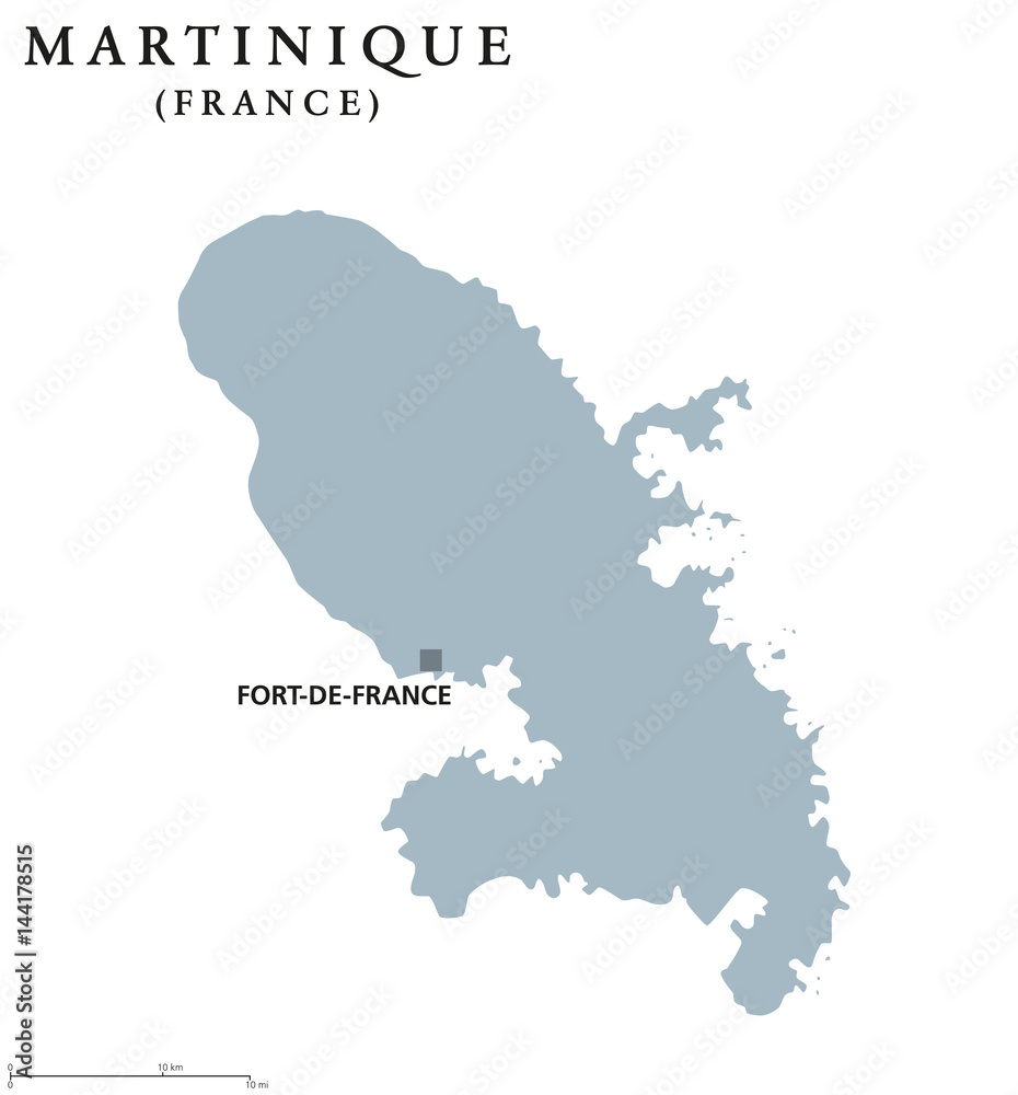 Martinique political map with capital Fort-de-France. Caribbean islands and overseas region of France in Lesser Antilles and Windward Islands. Gray illustration over white. English labeling. Vector.