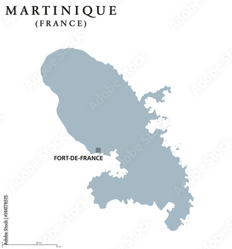 Martinique political map with capital Fort-de-France. Caribbean islands and overseas region of France in Lesser Antilles and Windward Islands. Gray illustration over white. English labeling. Vector.
