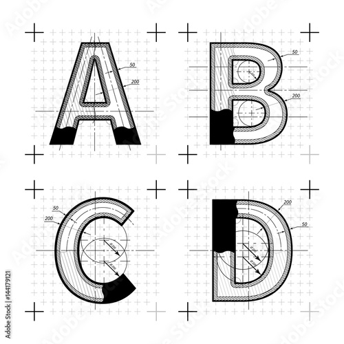 Architectural sketches of A B C D letters. Blueprint style font.