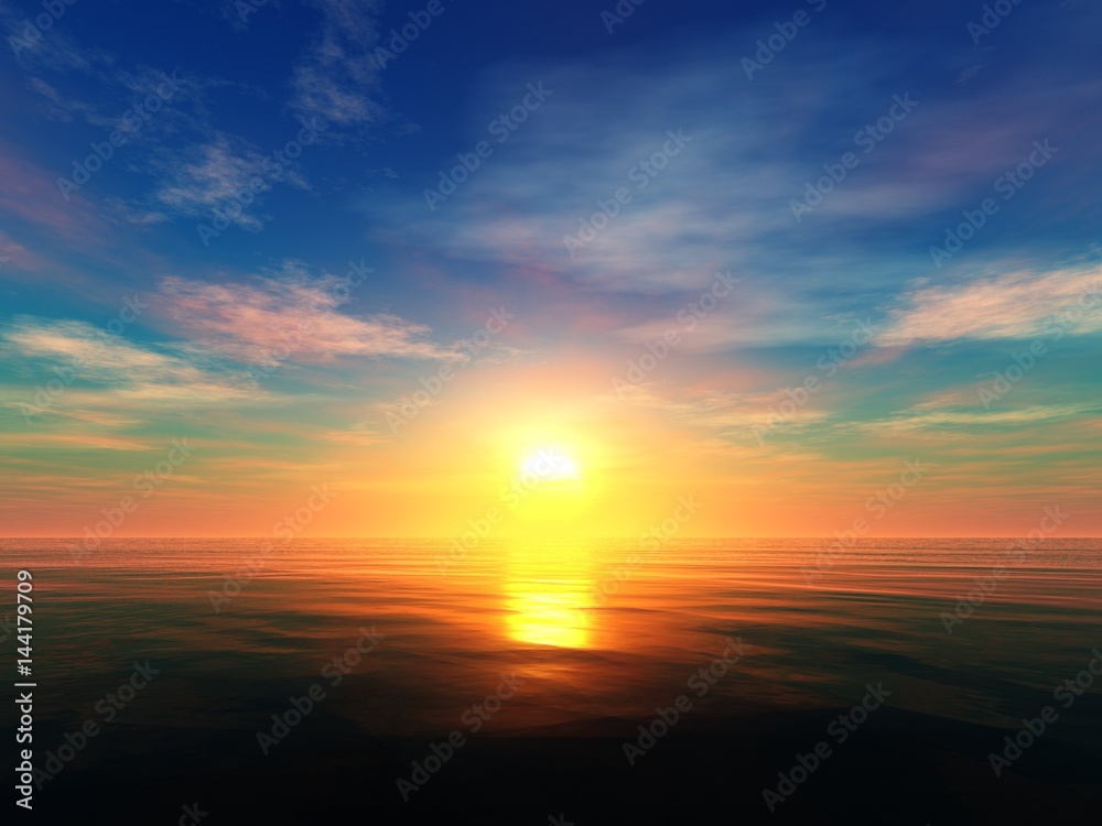 Beautiful sunset on the sea, sea sunrise, light over the ocean, 3d rendering