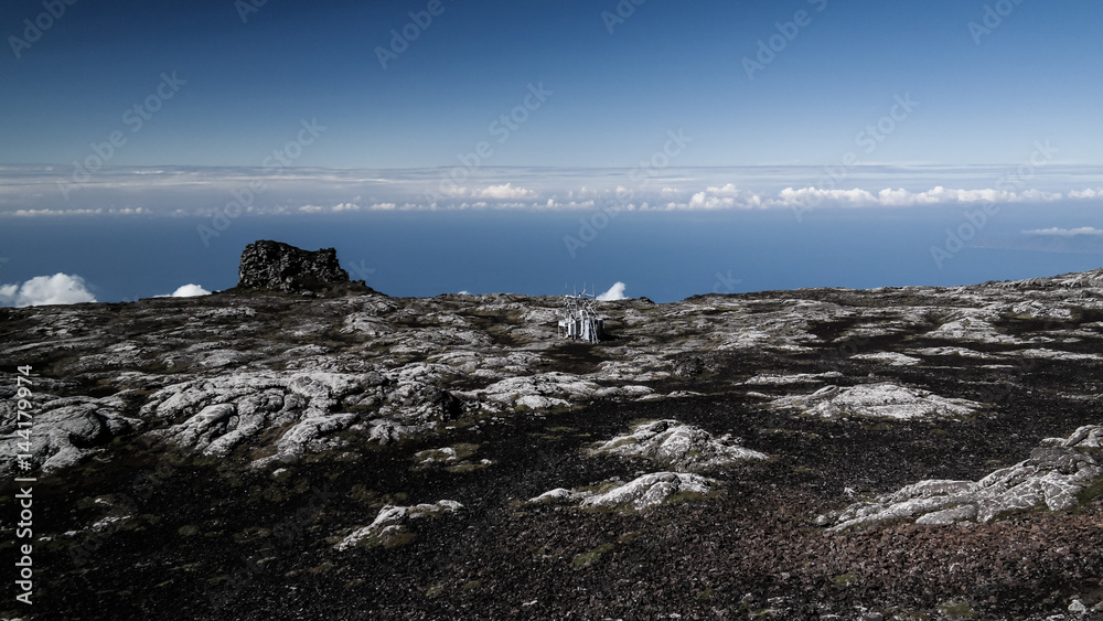 Panorama inside caldera of Pico volcano with seismic station in Azores, Portugal