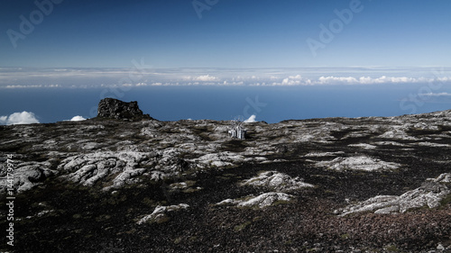 Panorama inside caldera of Pico volcano with seismic station in Azores, Portugal