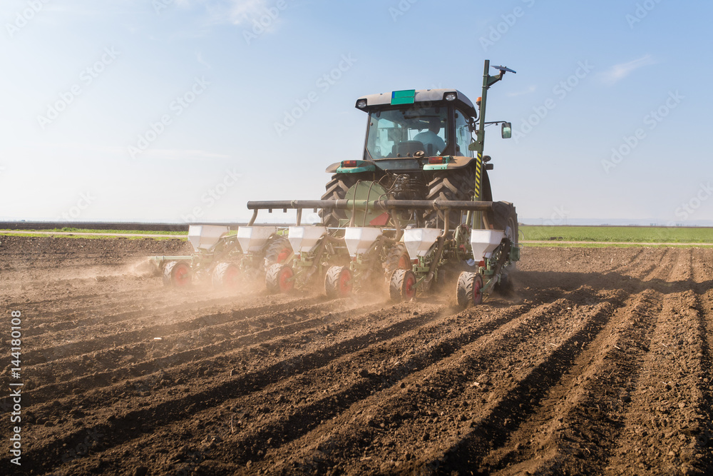 Fototapeta premium Farmer with tractor seeding - sowing soy crops at agricultural field in spring