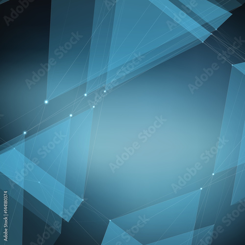 Abstract vector blue mesh background. Chaotically connected points and polygons flying in space. Flying debris. Futuristic technology style card. Lines, points, circles and planes. Futuristic design.