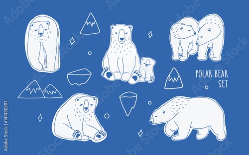 Set with different white polar bears. Hand drawn, doodle vector collection.
