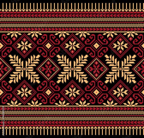 Vector illustration of Ukrainian folk seamless pattern ornament. Ethnic ornament. Border element. Traditional Ukrainian, Belarusian folk art knitted embroidery pattern - Vyshyvanka