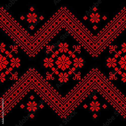 Vector illustration of Ukrainian folk seamless pattern ornament. Ethnic ornament. Border element. Traditional Ukrainian, Belarusian folk art knitted embroidery pattern - Vyshyvanka