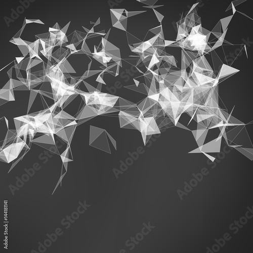 Fototapeta Naklejka Na Ścianę i Meble -  Abstract vector monochrome mesh background. Chaotically connected points and polygons flying in space. Flying debris. Futuristic technology style card. Lines, points, planes. Futuristic design.