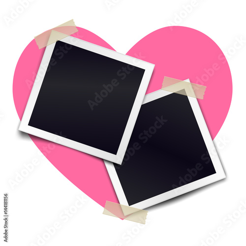 Two retro photorealistic photo frame sticked on duct tape to heart background. Template for design. Vector illustration.