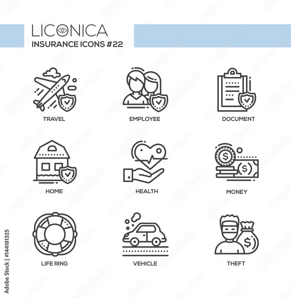 Insurance - monochromatic modern single line icons set Insurance - monochromatic modern single line icons set