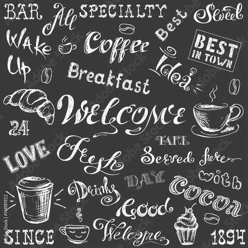 Collection - Coffee lettering and elements,hand drawn white on blackboard
