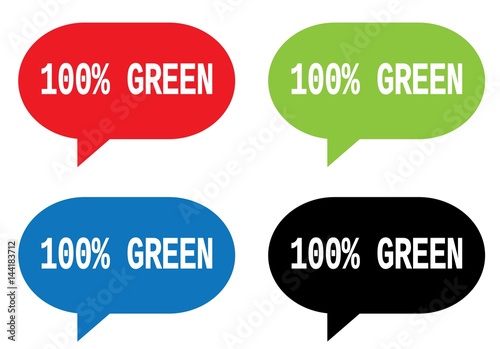 100 PERCENT GREEN text, on rectangle speech bubble sign.