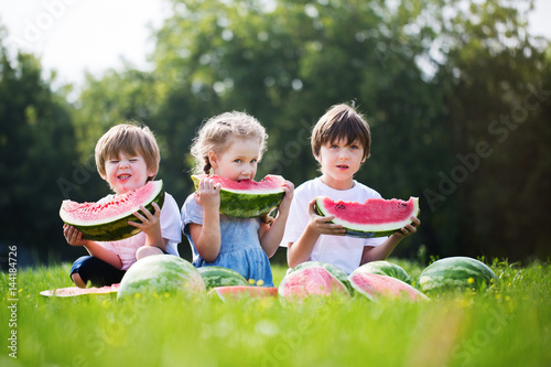 Group of happy kids eating watermelons outdoor. © BestForYou