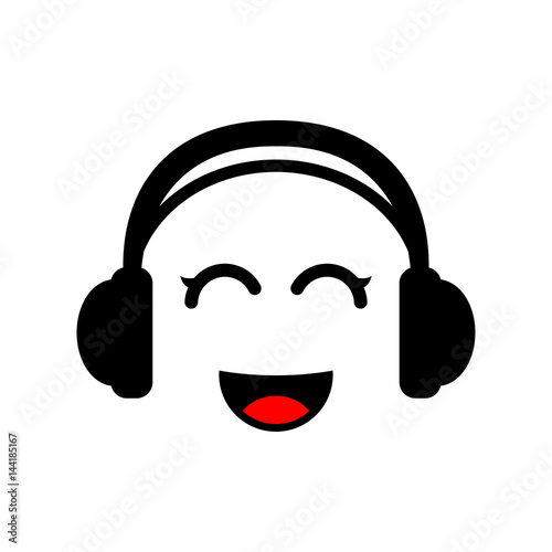 Icono plano auriculares con risa kawaii en fondo blanco