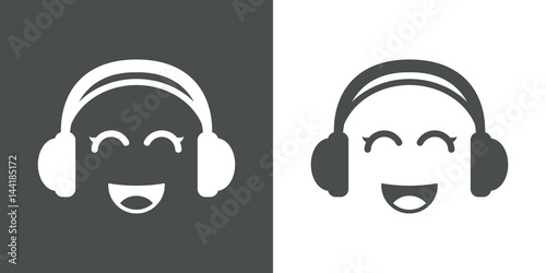 Icono plano auriculares con risa kawaii gris y blanco
