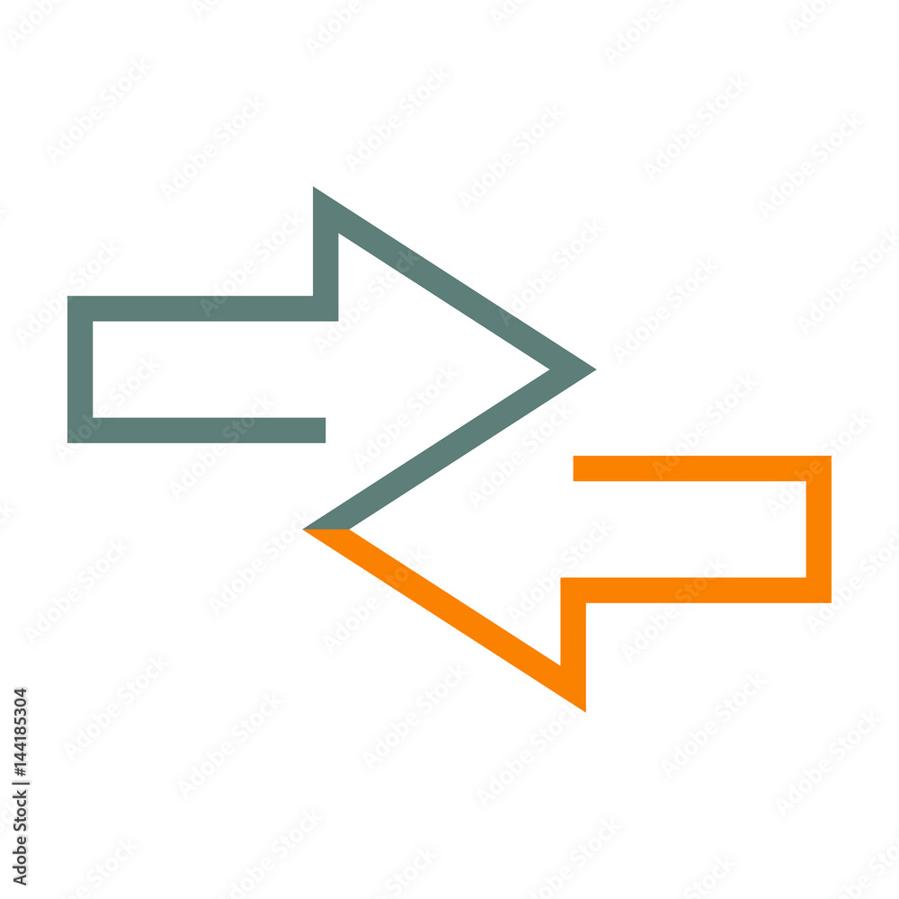 Icono plano flechas dos direcciones gris y naranja en fondo blanco