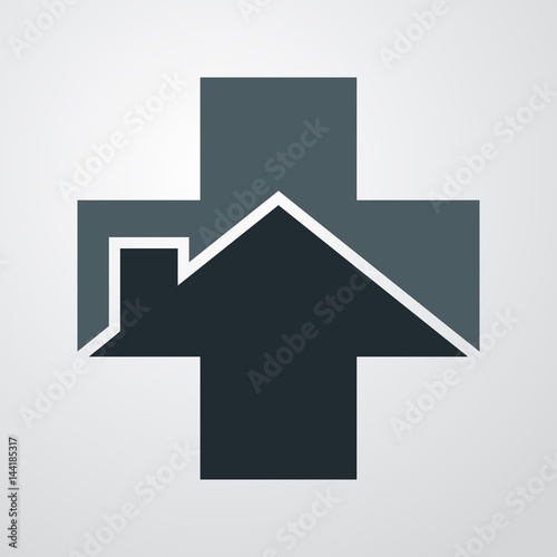 Icono plano medicina en el hogar gris en fondo degradado