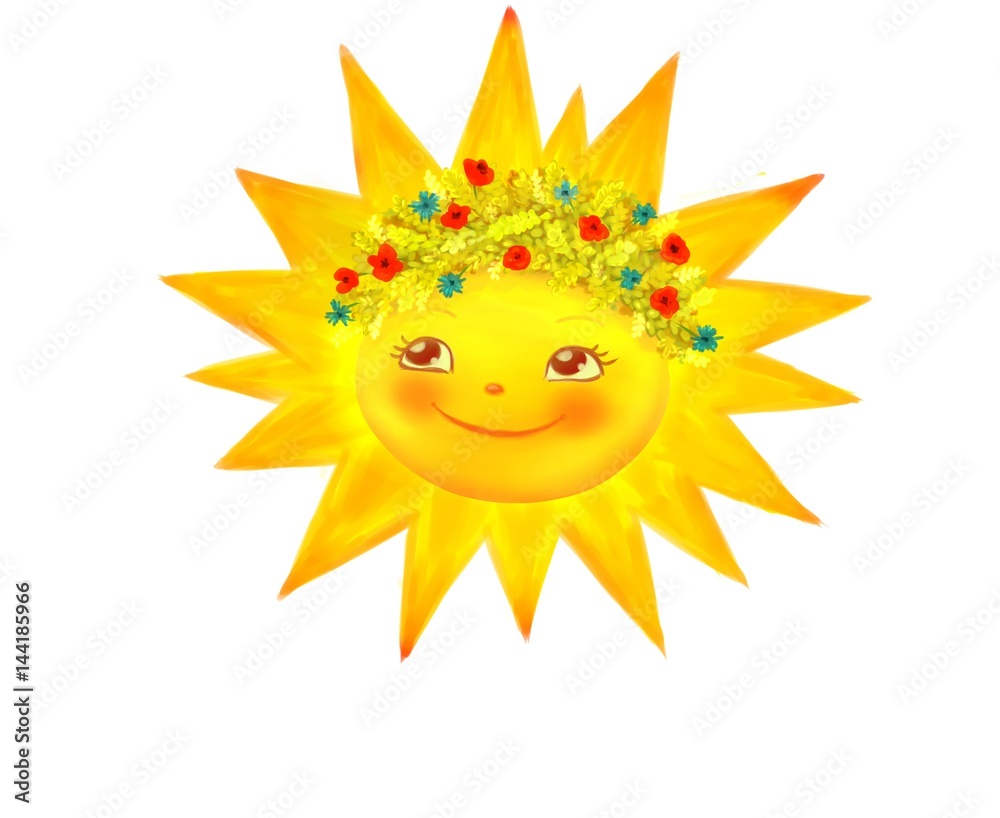 Smiling sun face illustration. Cartoon sun with wreath of flowers. Isolated on white.