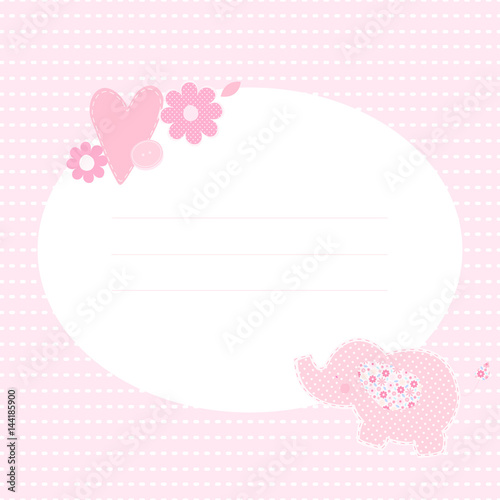 Cute greeting card with elephant, flowers and heart. Place for your text. In cartoon and patchwork style. Nice for baby shower and birthday. Pink shades.