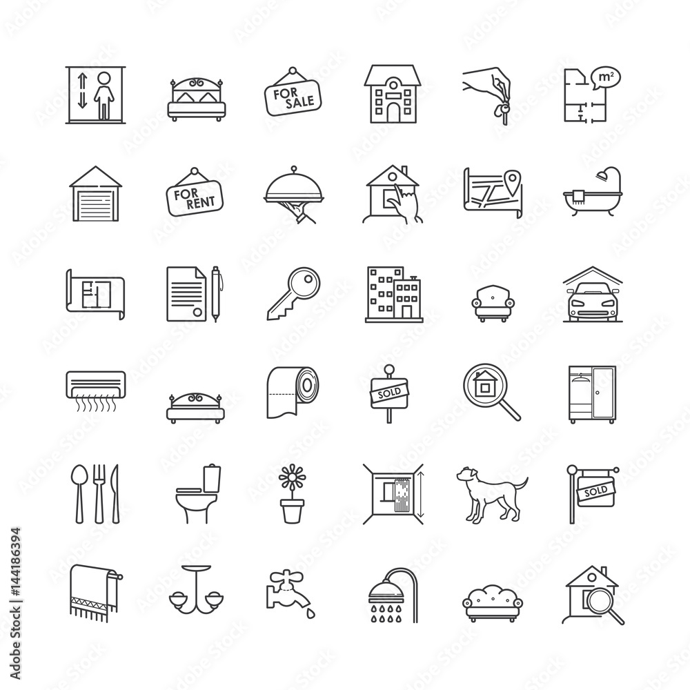 Real estate related vector outline icons set