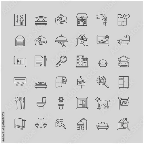 Real estate related vector line icons set