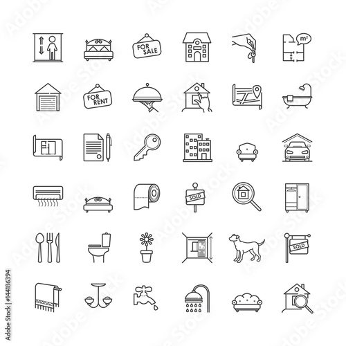 Real estate related vector outline icons set