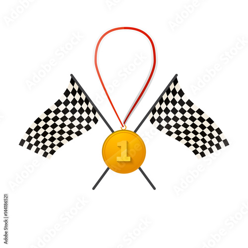 Bright glossy golden medal for first place with flags