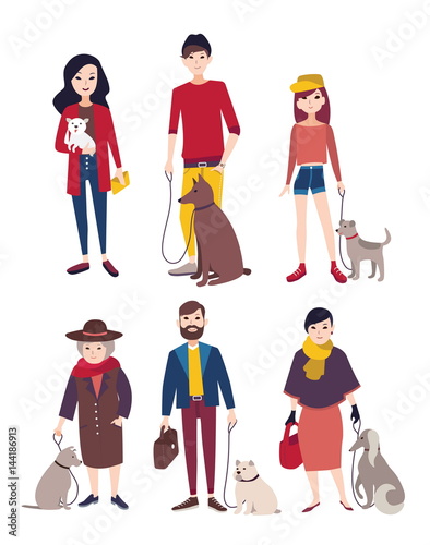 People walking with his dogs of different breeds. Colorful flat illustration.