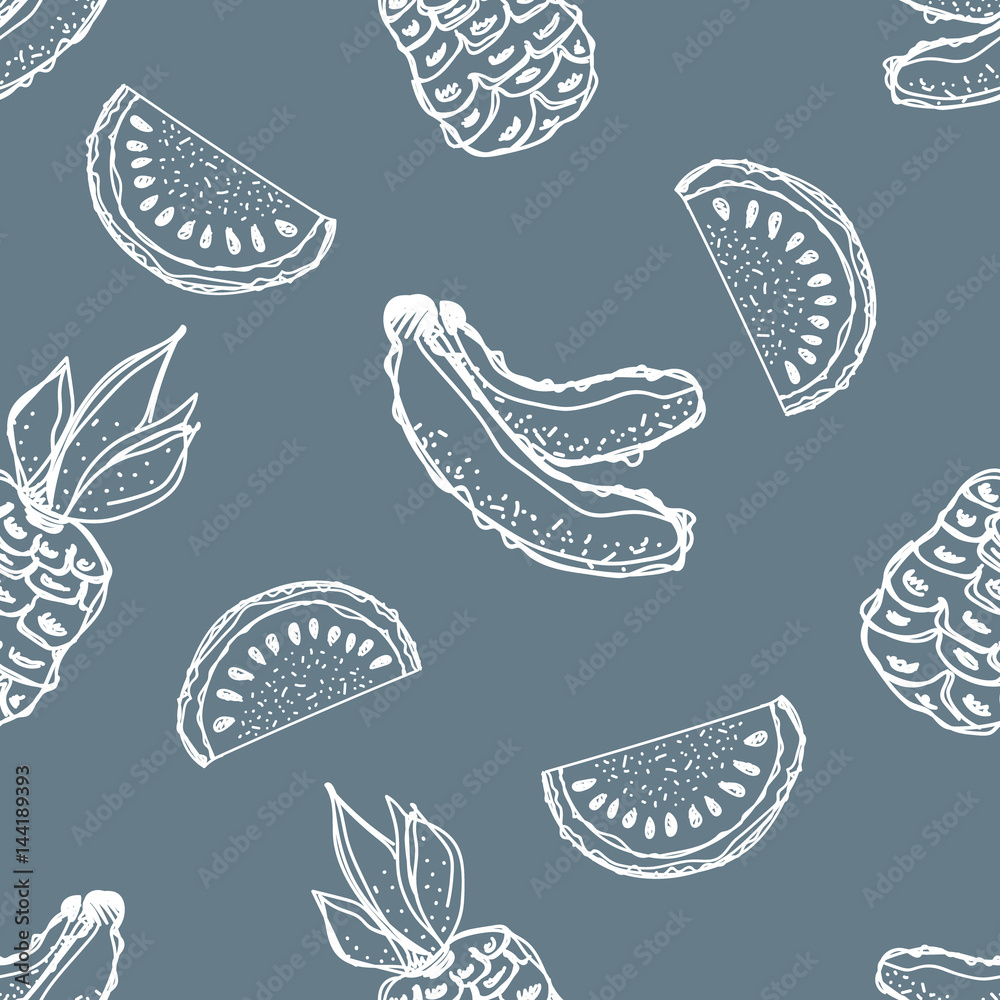 Seamless vector pattern. Hand drawn fruits illustration of banana, pineapple, watermelon Line drawing. Print for wallpaper, background, surface, fabric, decor Seamless vector pattern. Hand drawn fruits illustration of banana, pineapple, watermelon Line drawing. Print for wallpaper, background, surface, fabric, decor