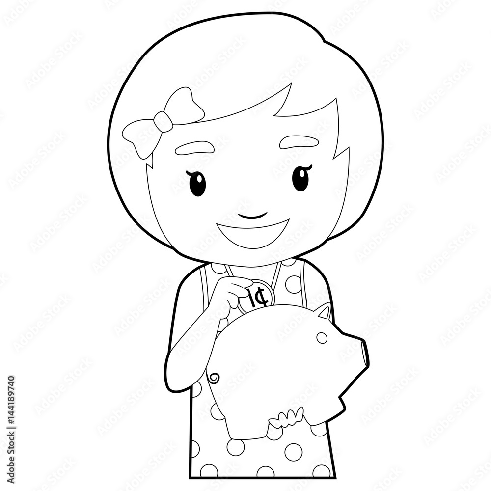 Coloring Book Outlined Little Girl holding Piggy Bank Coloring Book Outlined Little Girl holding Piggy Bank
