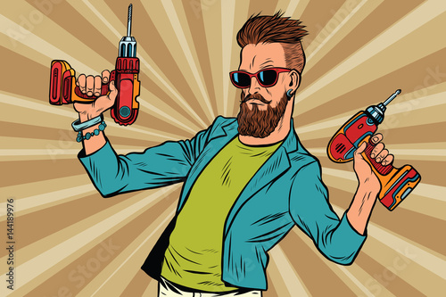 hipster repairman with a drill