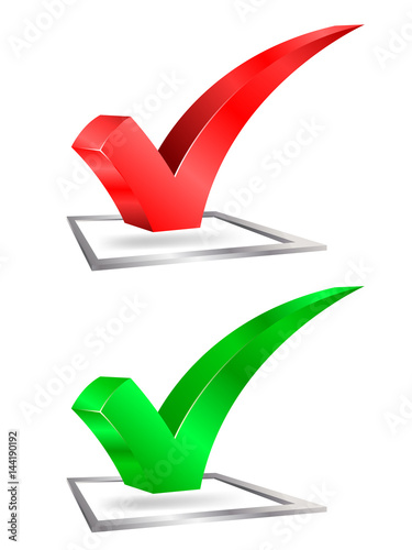 Shiny green and red check marks vector illustration over silver box on white background