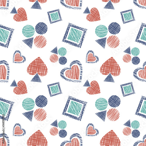 Seamless vector geometrical pattern with icons of playing cards. background with hand drawn textured geometric figures. Pastel Graphic illustration Template for wrapping, web backgrounds, wallpaper