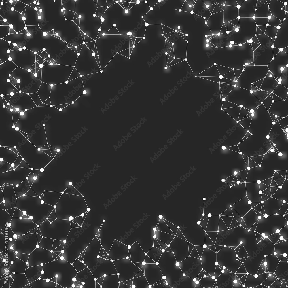Fototapeta premium Abstract vector mesh background. Chaotically connected points and polygons flying in space. Flying debris. Futuristic technology style card. Lines, points, circles and planes. Futuristic design.