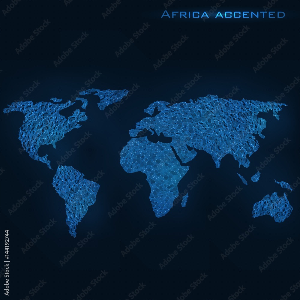 World abstract map. Africa accented. Vector background. Futuristic style card. Elegant background for business presentations. Lines, point, planes in 3d space.