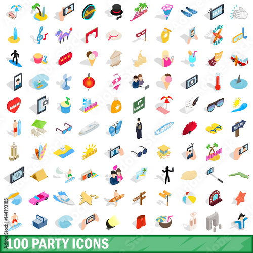 100 party icons set, isometric 3d style