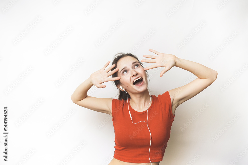 Happy success woman win opportunity,back,earphones Happy success woman win opportunity,back,earphones